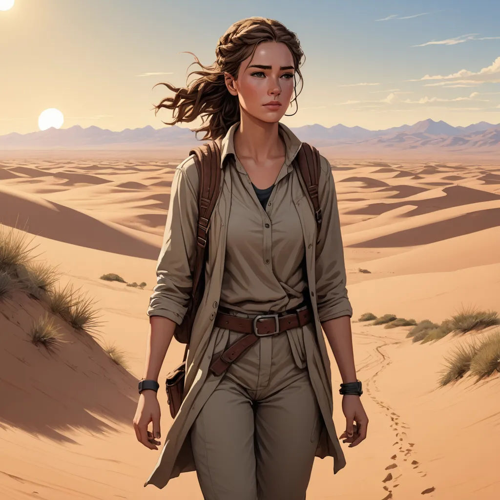 a woman walking through the desert with a backpack on her back and a desert landscape in the background with a sun, fantasy art, concept art, Clint Cearley, mars ravelo and greg rutkowski