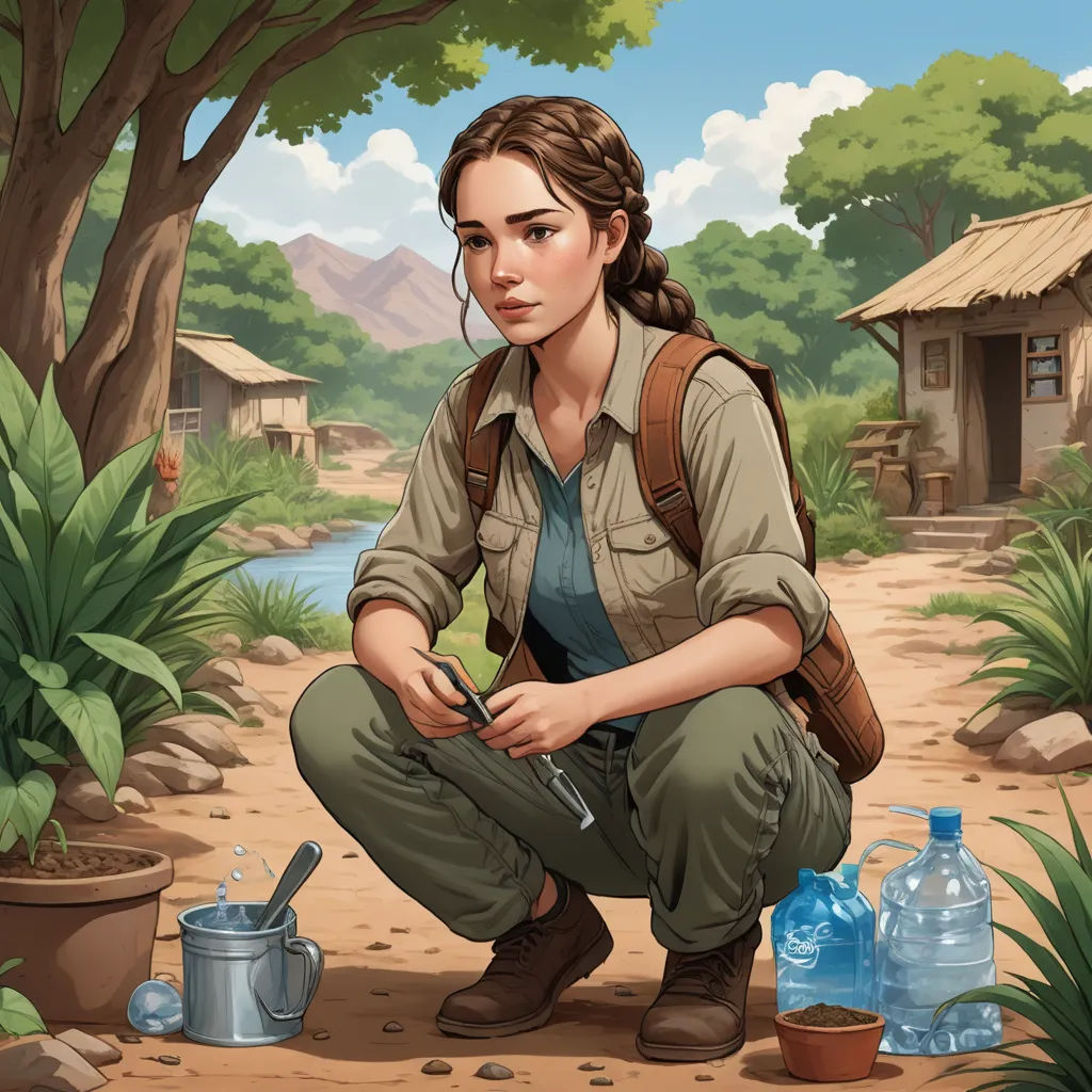 a woman kneeling down next to a tree and a watering can with a water bottle on it and a watering can, sots art, a character portrait, Ada Gladys Killins, character art