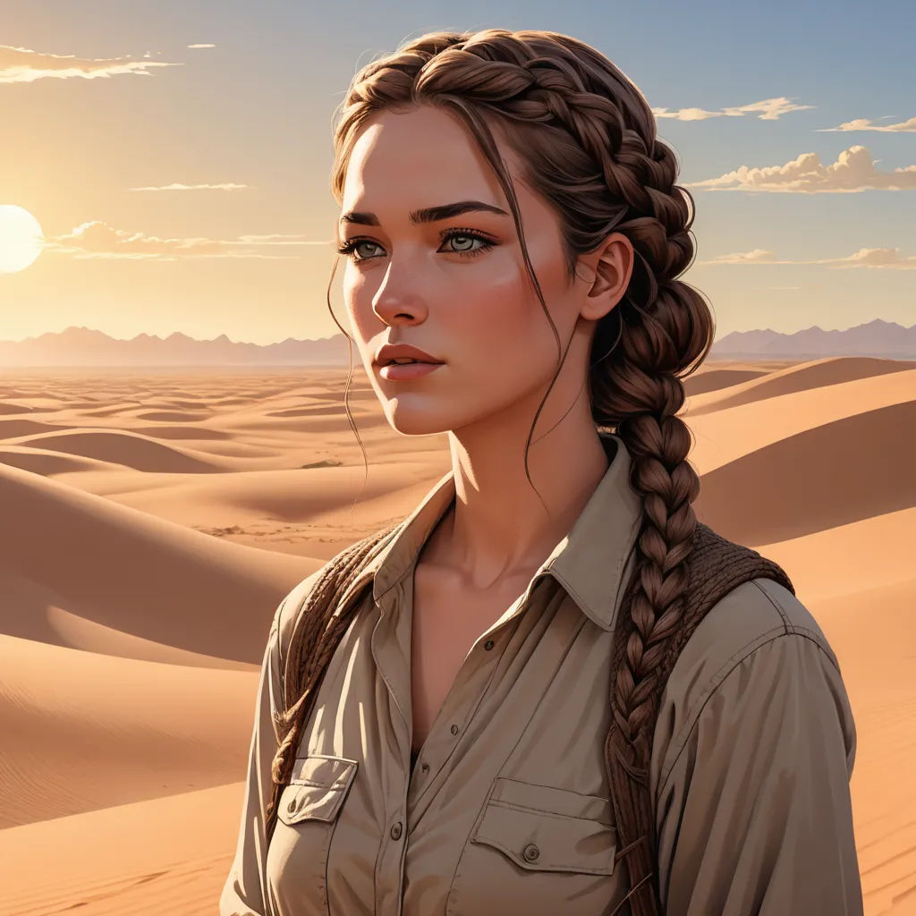 a woman with a braid standing in the desert at sunset with a desert background and a sun setting behind her, fantasy art, a photorealistic painting, Artgerm, rossdraws global illumination