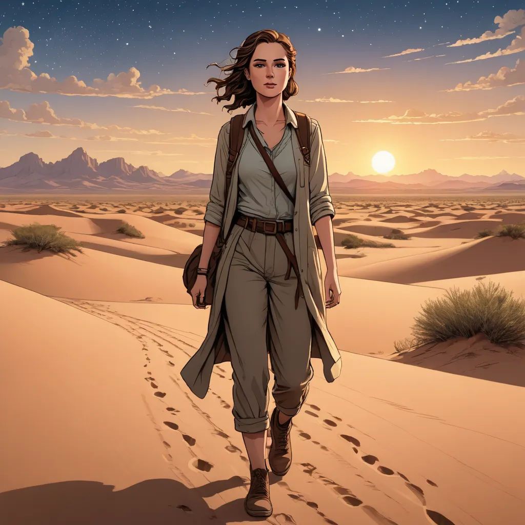 a woman walking across a desert under a sunset sky with a star in the sky above her head and footprints in the sand, serial art, a character portrait, Dan Mumford, promotional image