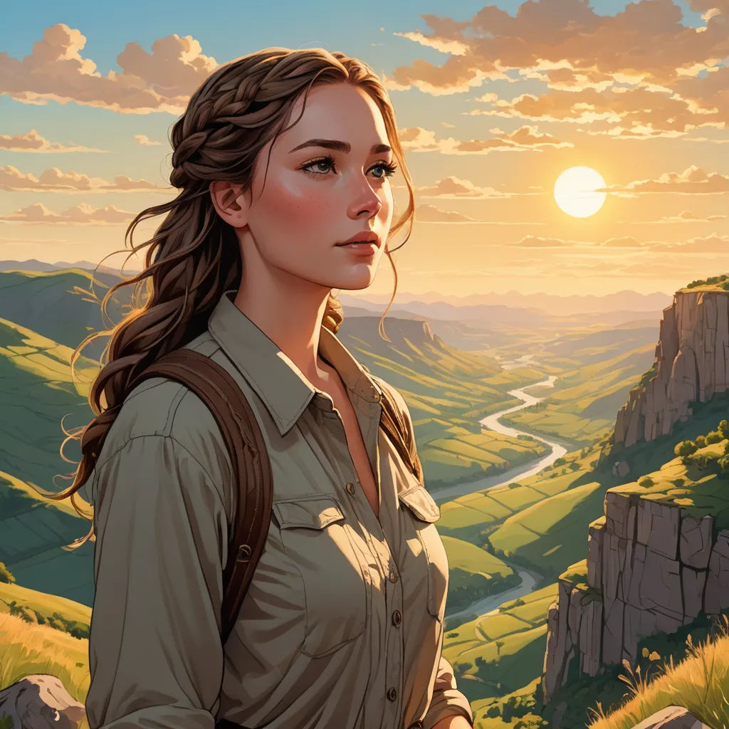 a painting of a woman standing on a hill with a sunset in the background and a valley in the foreground, fantasy art, a detailed matte painting, Christophe Vacher, rossdraws global illumination