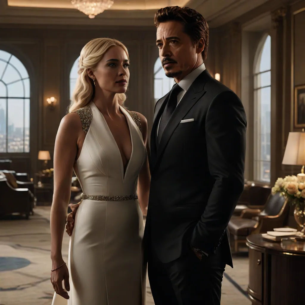 a man and a woman in formal wear standing in a room with a chandelier and a chandelier, international gothic, a renaissance painting, Evelyn Abelson, vfx