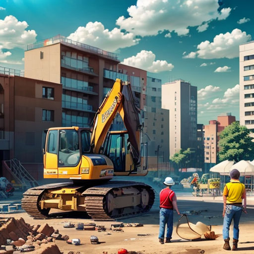 a couple of men standing next to a bulldozer on a dirt field in front of a building