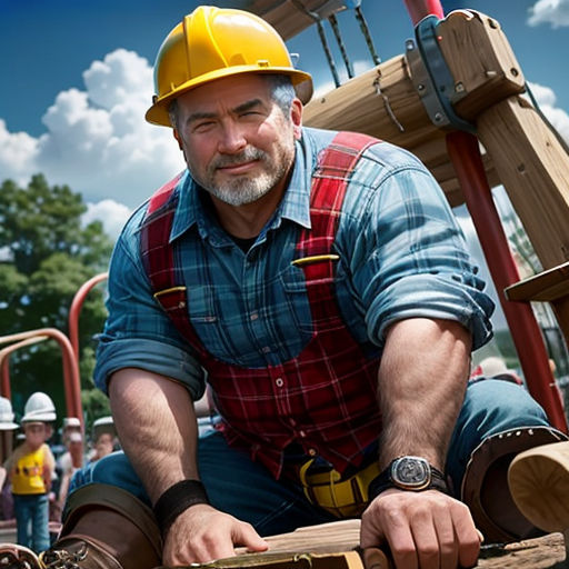 a man in a hard hat and overalls is working on a wooden structure with a hammer and a saw