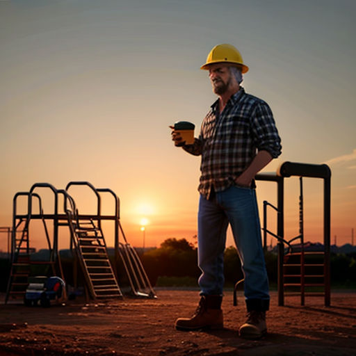 a man standing in front of a playground at sunset with a cup of coffee in his hand and a ladder in the background