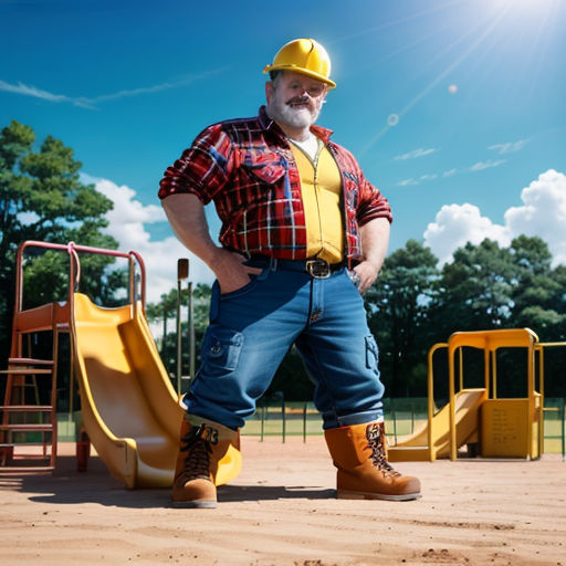 a man in a construction outfit standing next to a playground slide and slide with a yellow helmet on his head