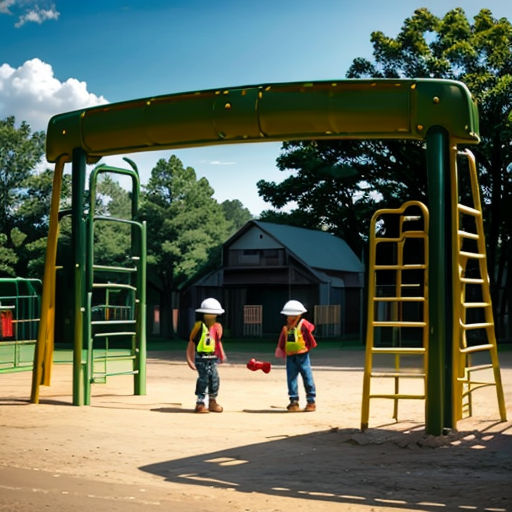 two people in hard hats standing in front of a playground structure with a ladder and a play ground in the background