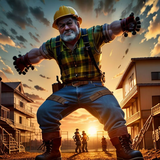 a man in a construction outfit is standing in front of a sunset with his arms outstretched and hands out