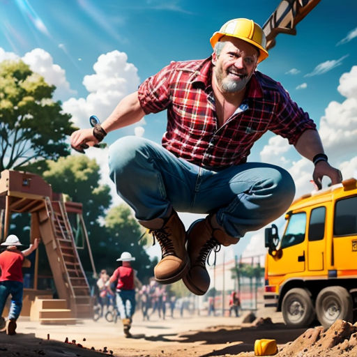a man jumping in the air with a construction truck in the background and people in the background behind him