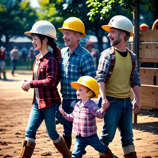 a family walking through a dirt field with hard hats on their heads and a man holding a child's hand