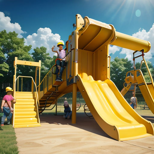 a yellow playground with a yellow slide and a man on it and a child on the other side of the slide