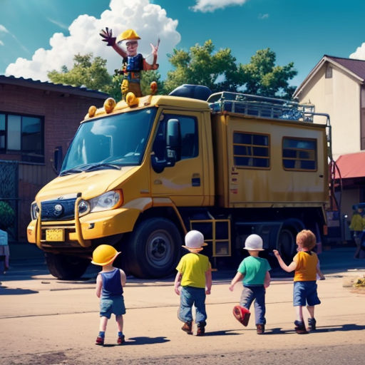 a group of children standing in front of a yellow truck with a toy figure on top of it's roof
