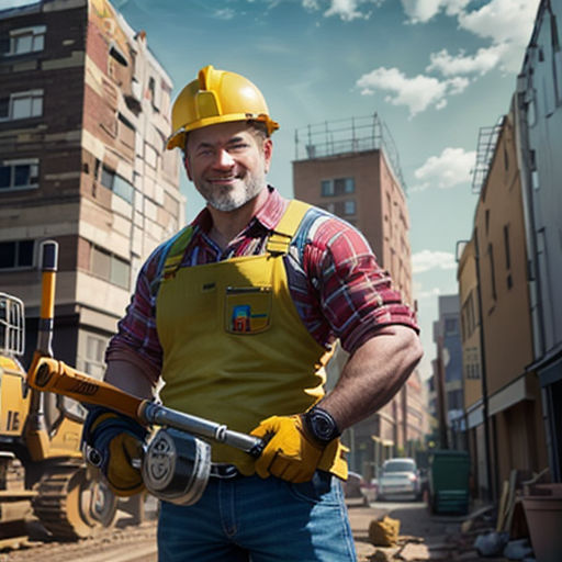 a man in a construction helmet holding a drill and a hammer in a construction area with a bulldozer in the background