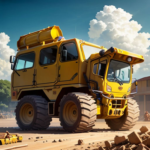 a large yellow truck parked next to a pile of wood on a dirt road next to a building with a sky background