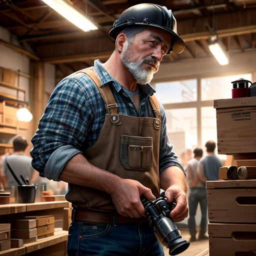 a man in a factory holding a camera and looking at boxes on a shelf with people in the background