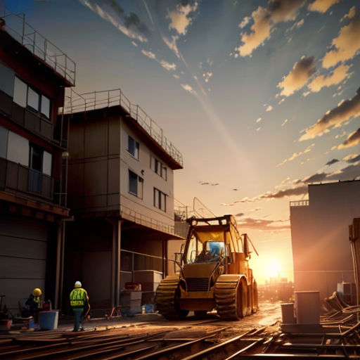 a construction worker standing on a train track at sunset with a bulldozer in the foreground and a building in the background