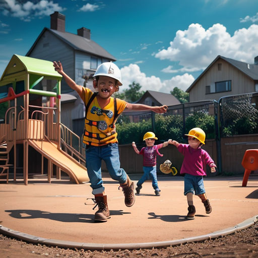 a group of children playing in a playground area with a slide and play ground in the background and a house in the background