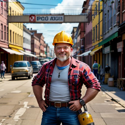 a man in a hard hat and plaid shirt standing on a street with a yellow hard hat on his head