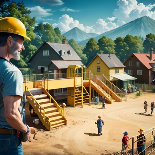 a man standing in front of a playground with a mountain in the background and a group of children playing on the playground