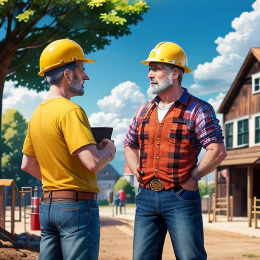 two men in hard hats are talking to each other in front of a farm house and a tree with a sky background