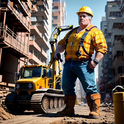 a man in a construction site with a bulldozer in the background and a building in the foreground