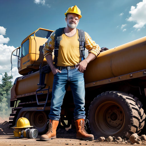 a man standing next to a large yellow truck on a dirt road with a yellow helmet on his head