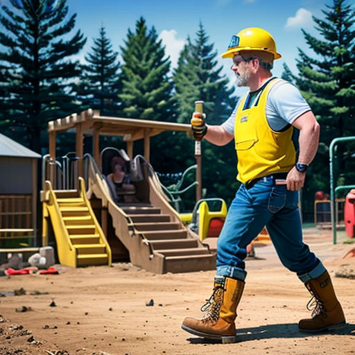 a man in a yellow safety vest and yellow safety helmet holding a baseball bat in a playground area with a playground in the background