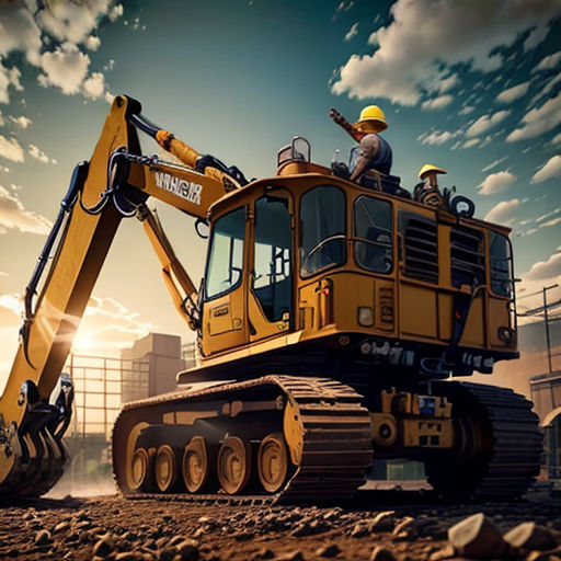 a man is sitting on a large construction vehicle in the middle of a construction site with a sky background