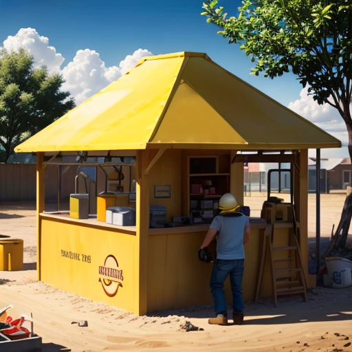 a man standing at a yellow kiosk with a yellow roof and a yellow umbrella over it and a tree