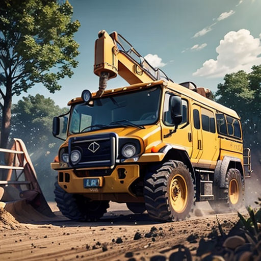 a yellow truck driving down a dirt road next to a forest filled with trees and a yellow crane on top of it