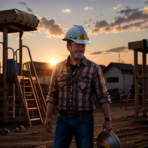 a man in a hard hat holding a bucket and a barrel in front of a playground at sunset with a sky background