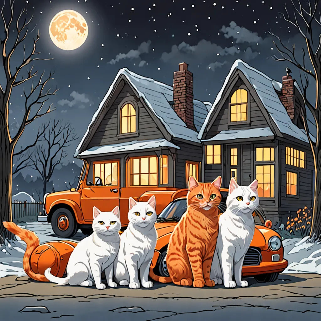a group of cats sitting on the ground in front of a house with a car in front of it, Dan Mumford, serial art, an album cover, promotional image