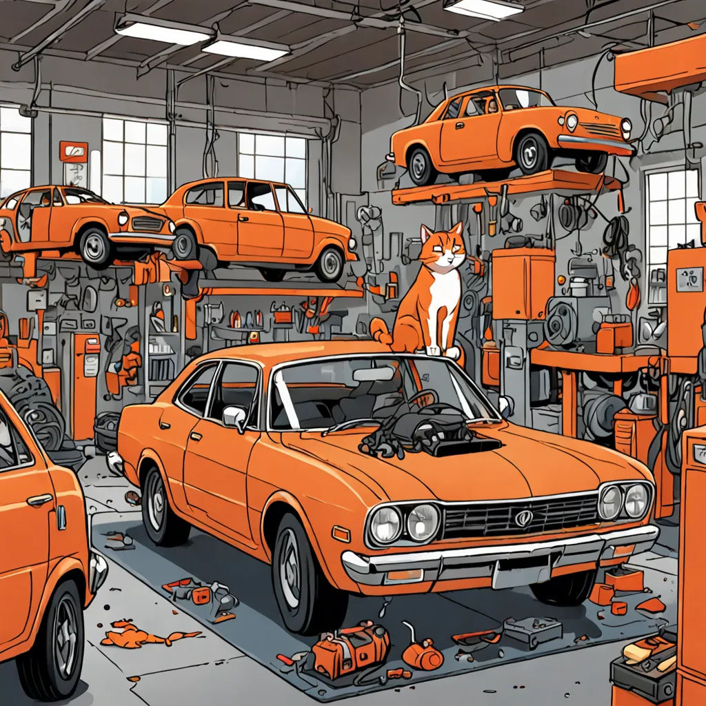 a garage with orange cars and a cat on the roof of the car in the center of the garage, Asaf Hanuka, furry art, a detailed drawing, highly detailed digital art