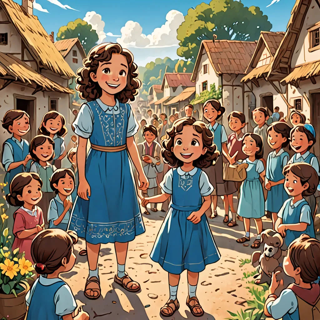 a cartoon of a girl in a blue dress standing in front of a group of children in a village, private press, a storybook illustration, Ada Gladys Killins, official art