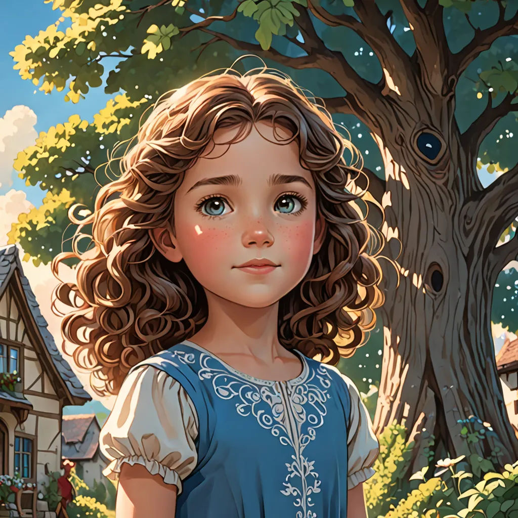 a painting of a little girl standing in front of a tree with a house in the background and a bird flying overhead, fantasy art, a storybook illustration, Aaron Jasinski, rossdraws global illumination