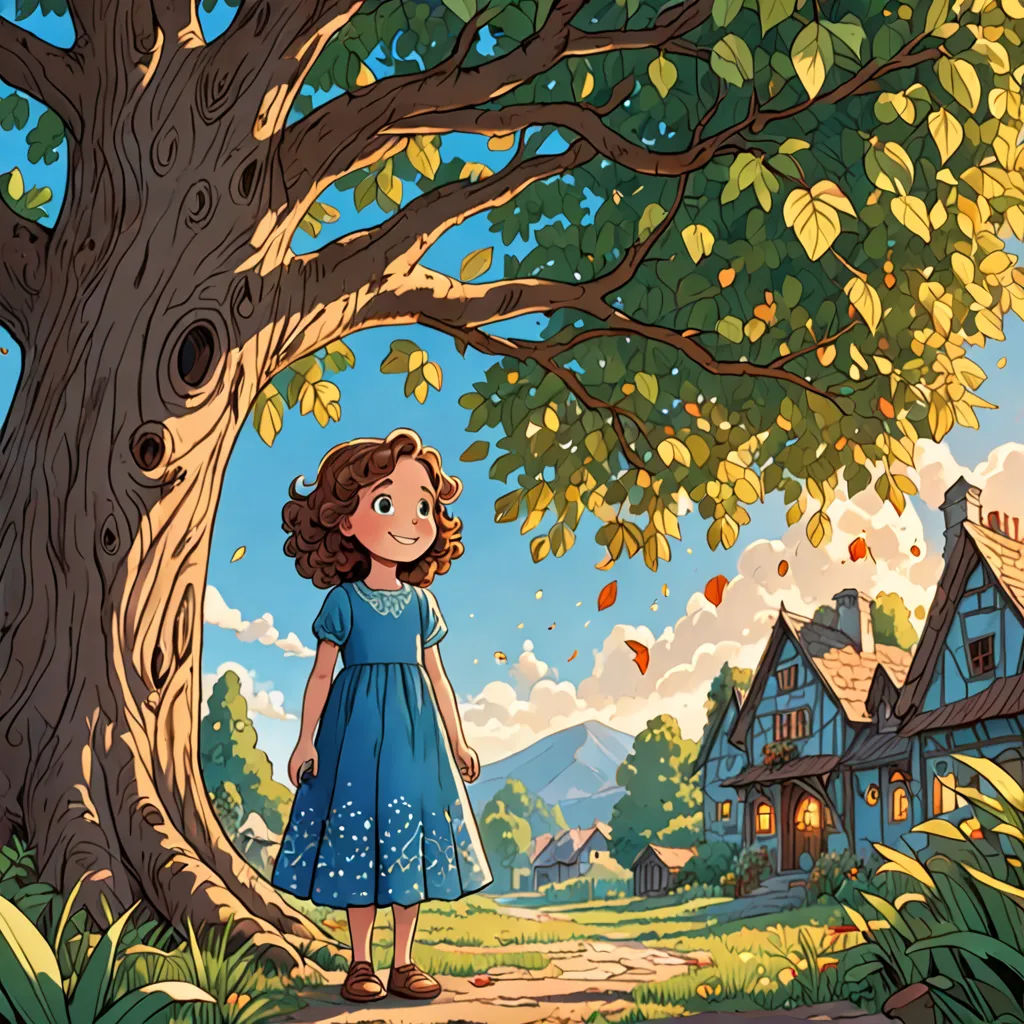 a girl standing in front of a tree in a forest with a house in the background and a bird flying overhead, fantasy art, a storybook illustration, Cliff Childs, storybook illustration