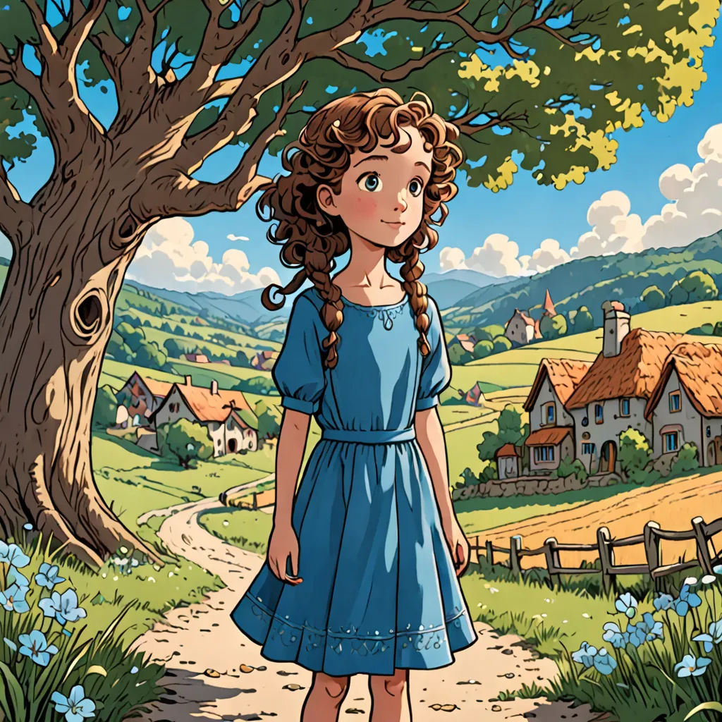a girl in a blue dress standing on a path in a rural area with a tree and a house, magical realism, a storybook illustration, Anne Said, official art
