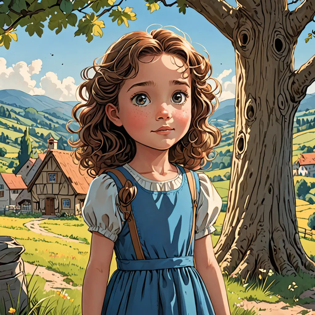 a painting of a girl in a blue dress standing in front of a tree and a house in the background, fantasy art, a storybook illustration, Claire Falkenstein, rossdraws global illumination