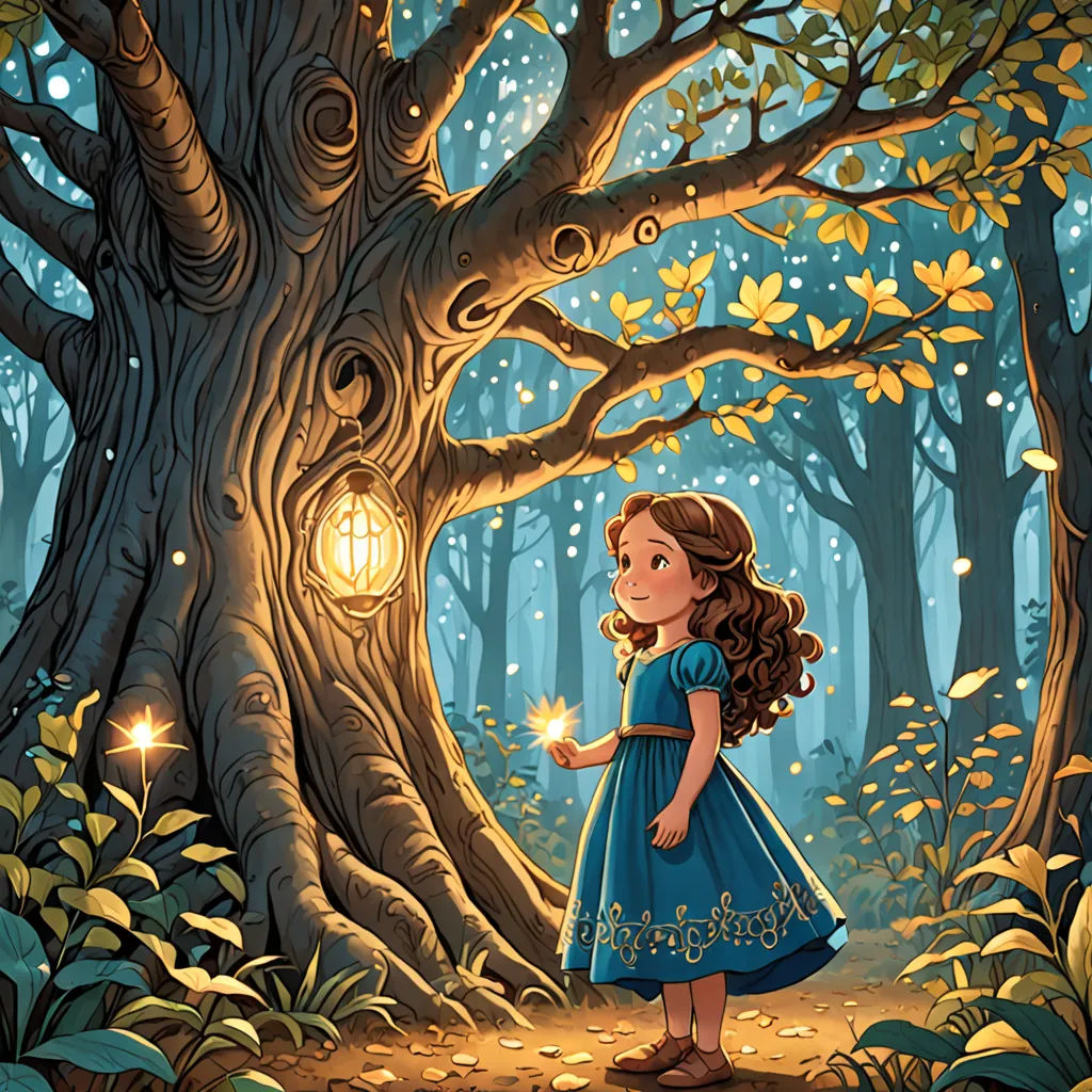 a girl in a blue dress standing in front of a tree with a light on it's head, fantasy art, a storybook illustration, Cliff Childs, storybook illustration