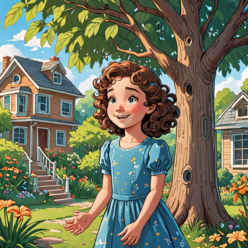 a girl in a blue dress standing in front of a tree and a house with a porch and stairs, american scene painting, a storybook illustration, Elinor Proby Adams, storybook illustration