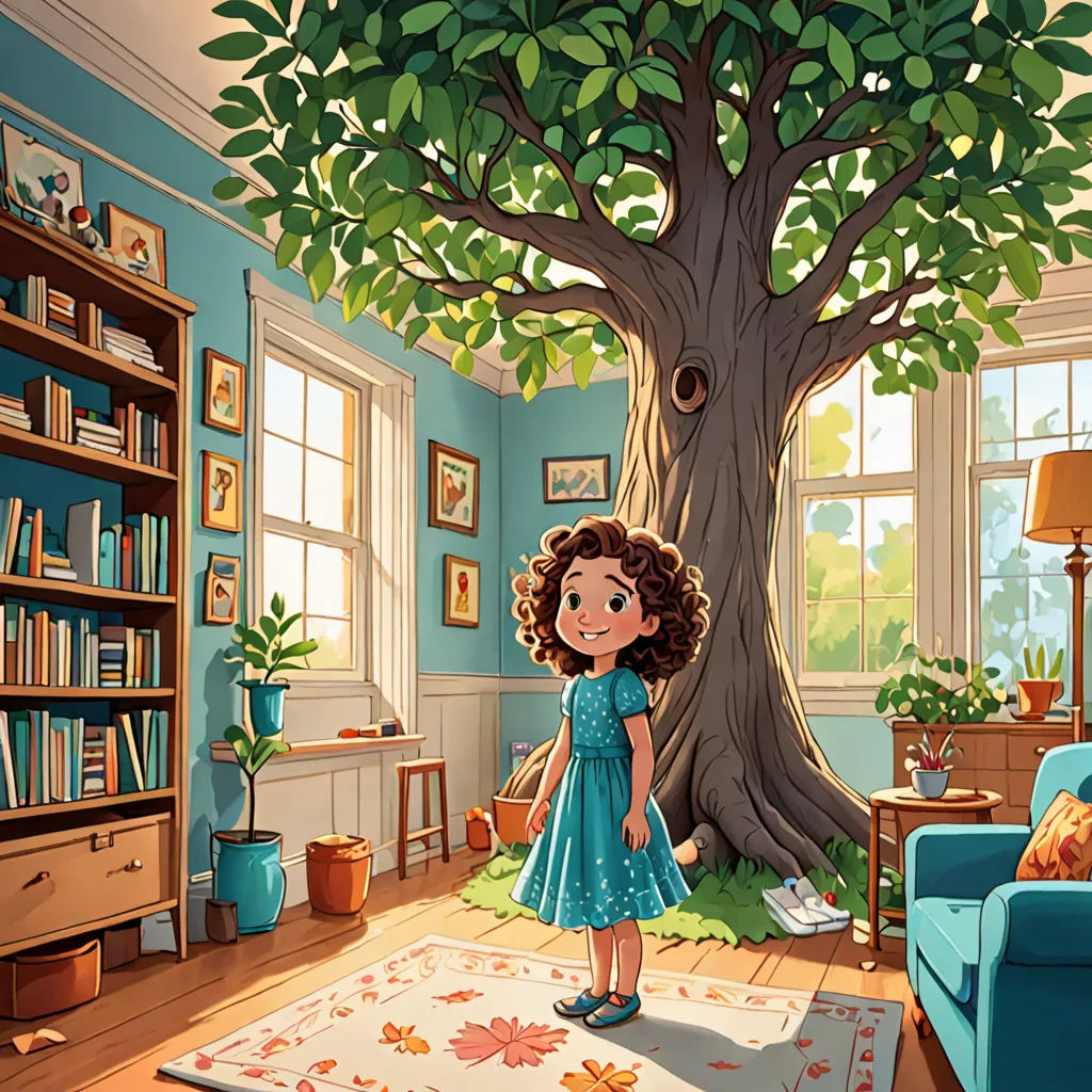 a girl standing in a room with a tree in the corner and a couch in the corner behind her, american scene painting, a storybook illustration, Chris LaBrooy, storybook illustration