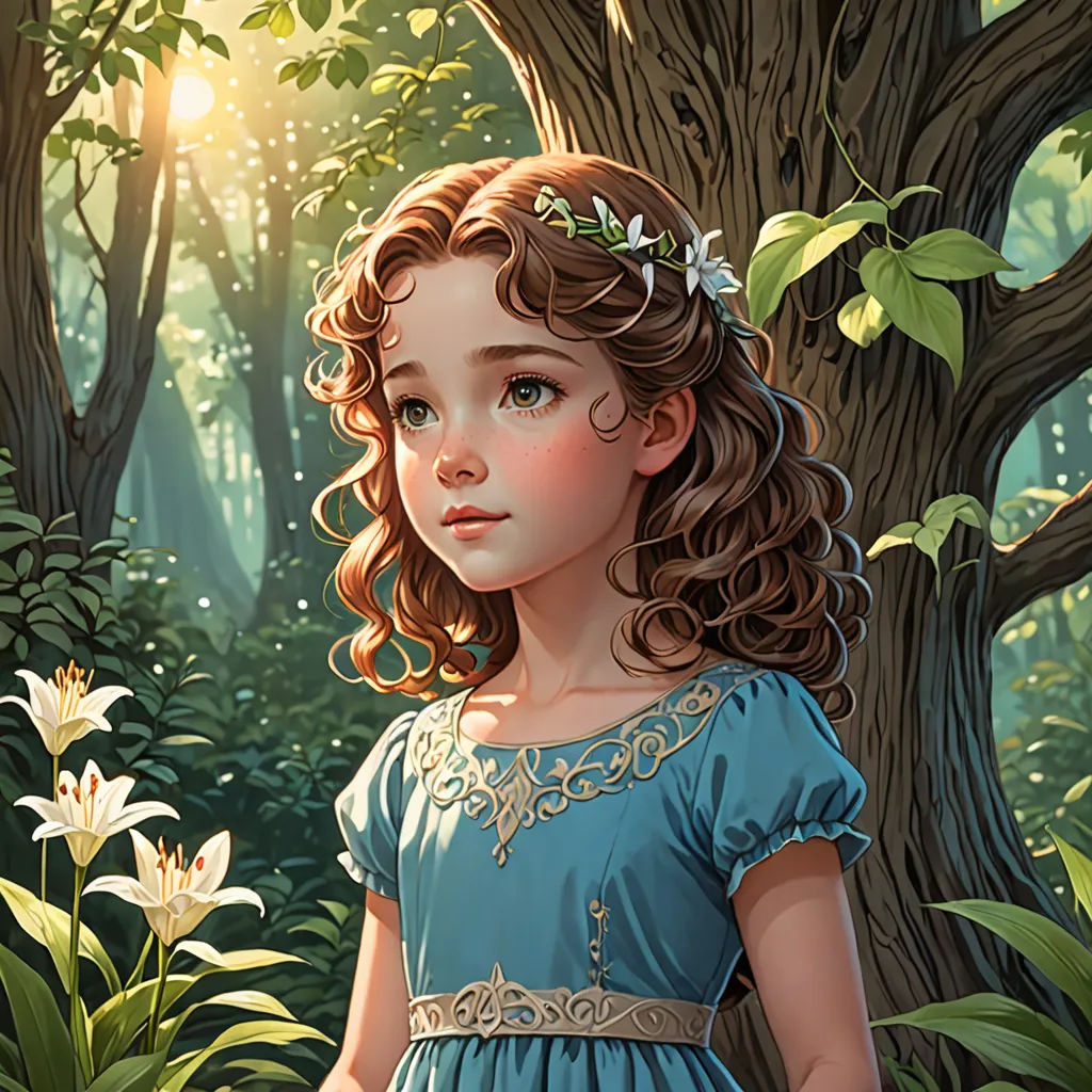 a painting of a little girl in a blue dress standing in a forest with flowers in her hair and a sunbeam in the background, fantasy art, a storybook illustration, Charlie Bowater, rossdraws global illumination