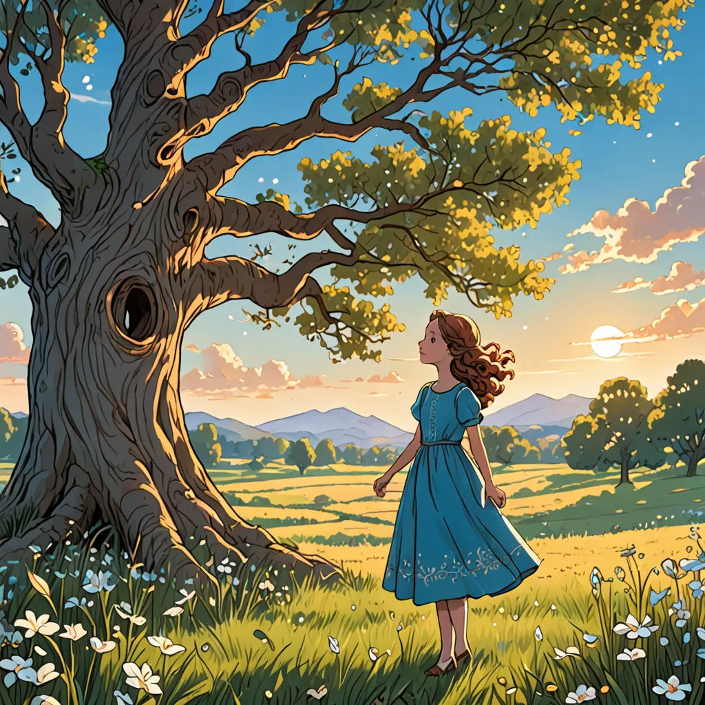 a girl in a blue dress standing in front of a tree with a bird nest in it's trunk, fantasy art, a storybook illustration, Dan Mumford, storybook illustration