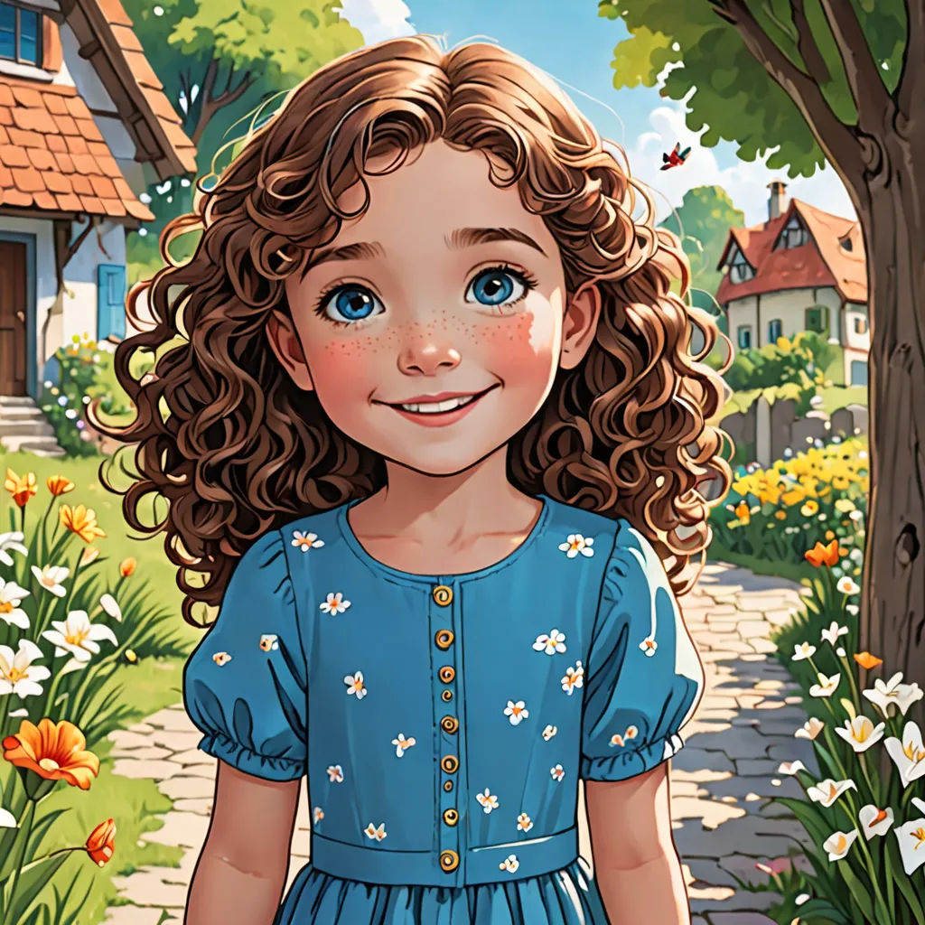 a girl in a blue dress standing in a garden with flowers and a house in the background with a bird flying overhead, photorealism, a storybook illustration, Alice Prin, storybook illustration