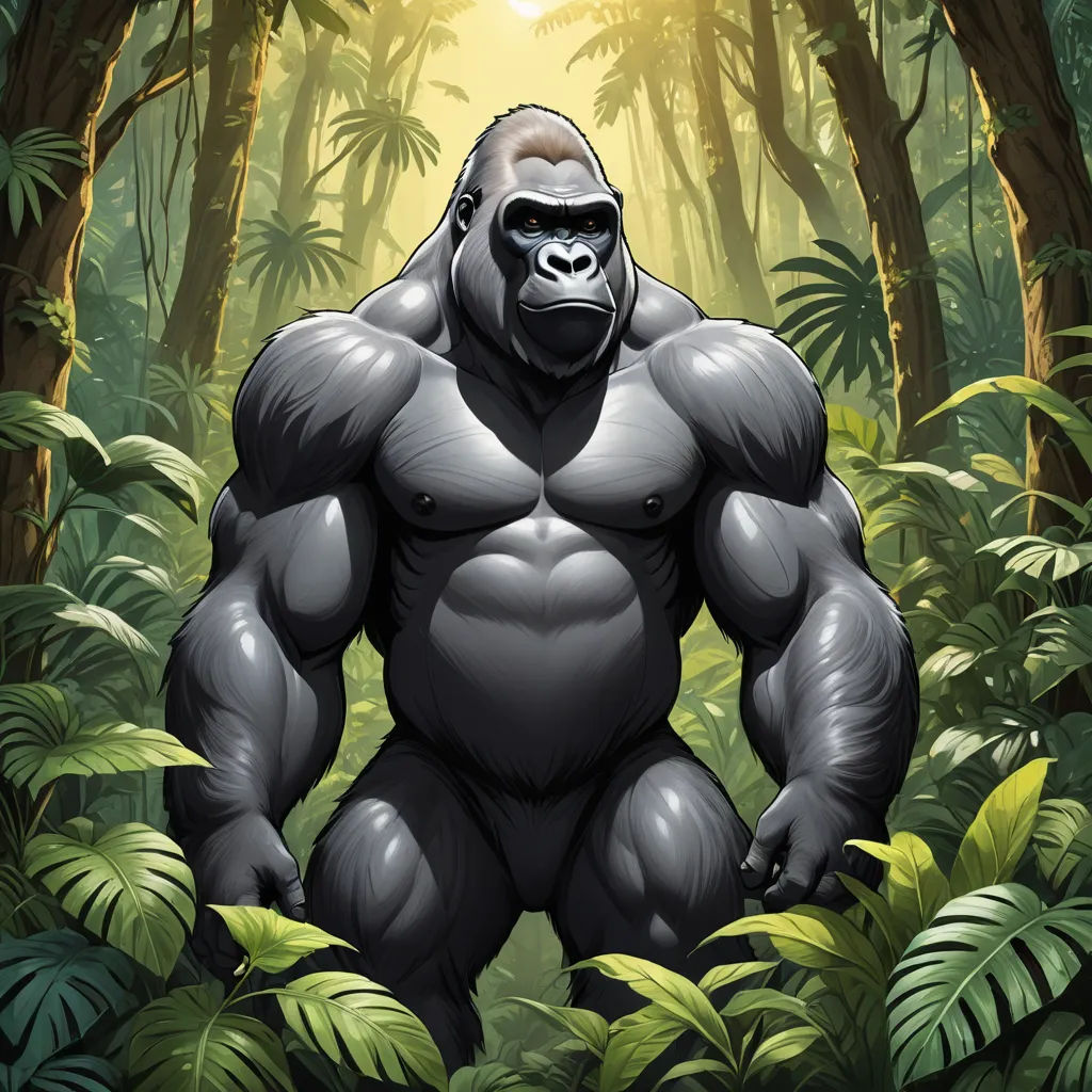 a gorilla standing in the middle of a jungle with a bright light behind it and trees and plants around it, furry art, an illustration of, Alex Petruk APe, trending on furaffinity