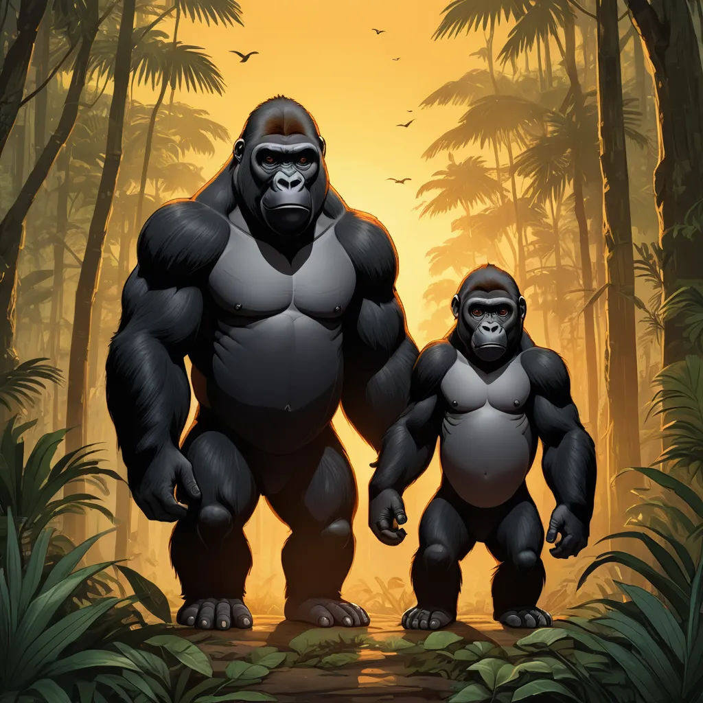 a gorilla and a gorilla standing in a jungle with a bird flying overhead in the background of the image, furry art, a digital painting, Alex Petruk APe, official art