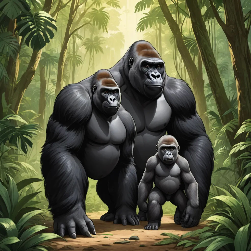 a gorilla and a gorillaling standing in a jungle with trees and plants behind them, with a baby gorilla in the foreground, furry art, an illustration of, Alex Petruk APe, official art