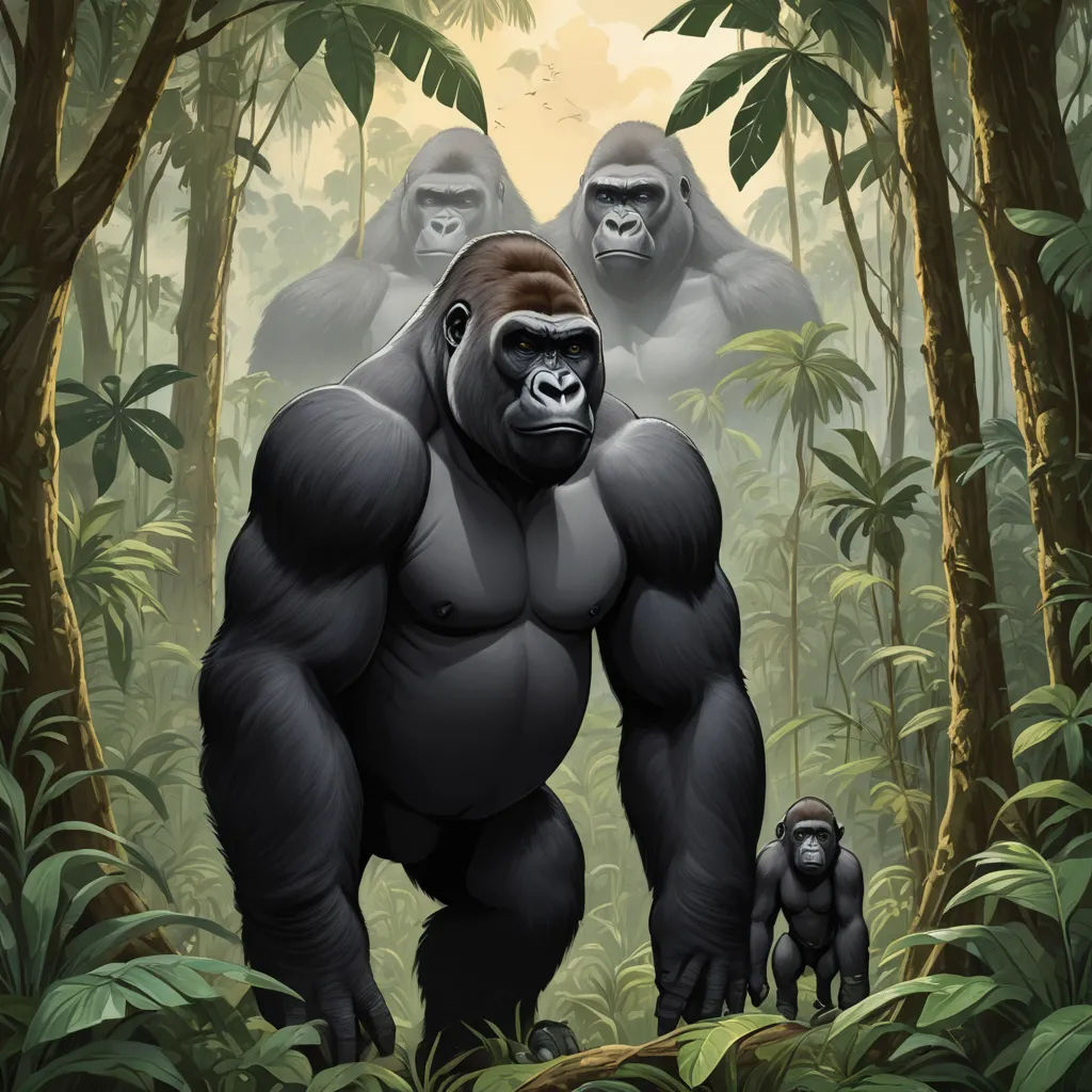 a gorilla and a gorilla standing in the middle of a jungle with trees and bushes around it, with a baby gorilla in the foreground, furry art, a digital painting, Alex Petruk APe, trending on furaffinity