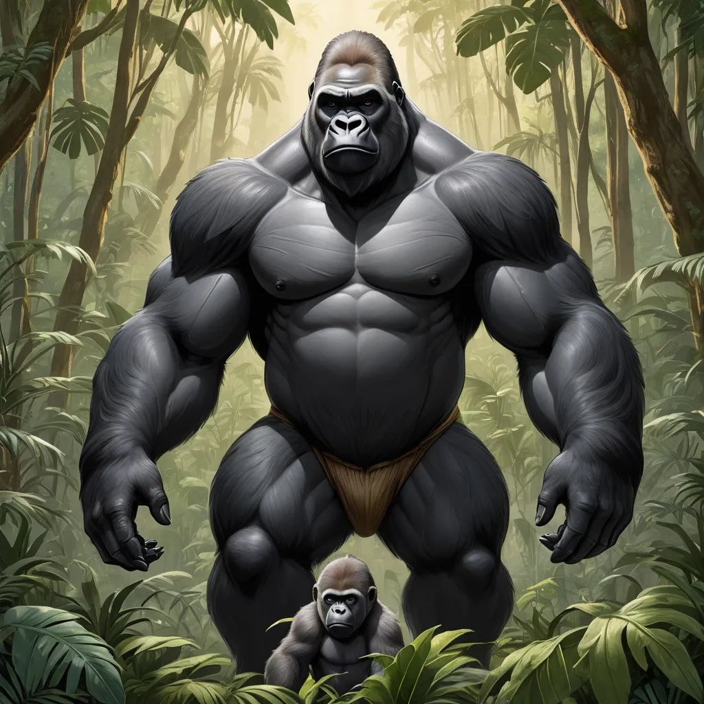 a gorilla standing in the middle of a jungle with a gorilla in the background and a gorilla in the foreground, furry art, a digital painting, Alex Petruk APe, jungle