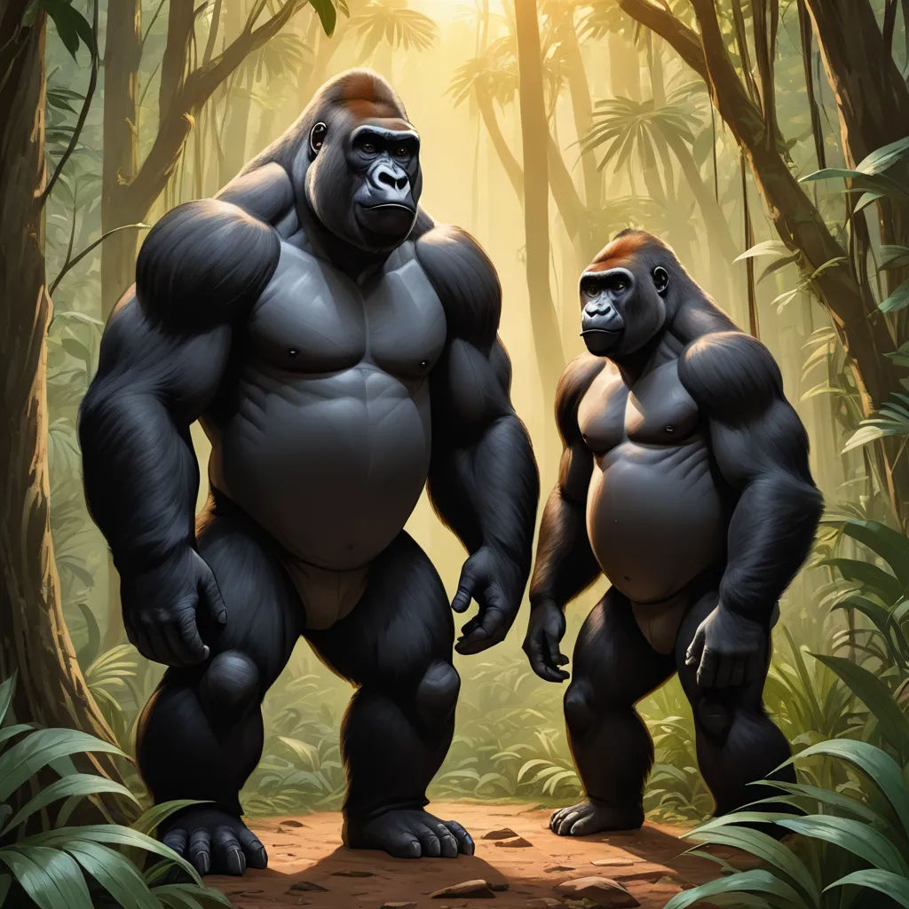 two gorillas standing in the middle of a jungle with sunlight shining through the trees and leaves on the ground, furry art, a digital painting, Alex Petruk APe, trending on furaffinity